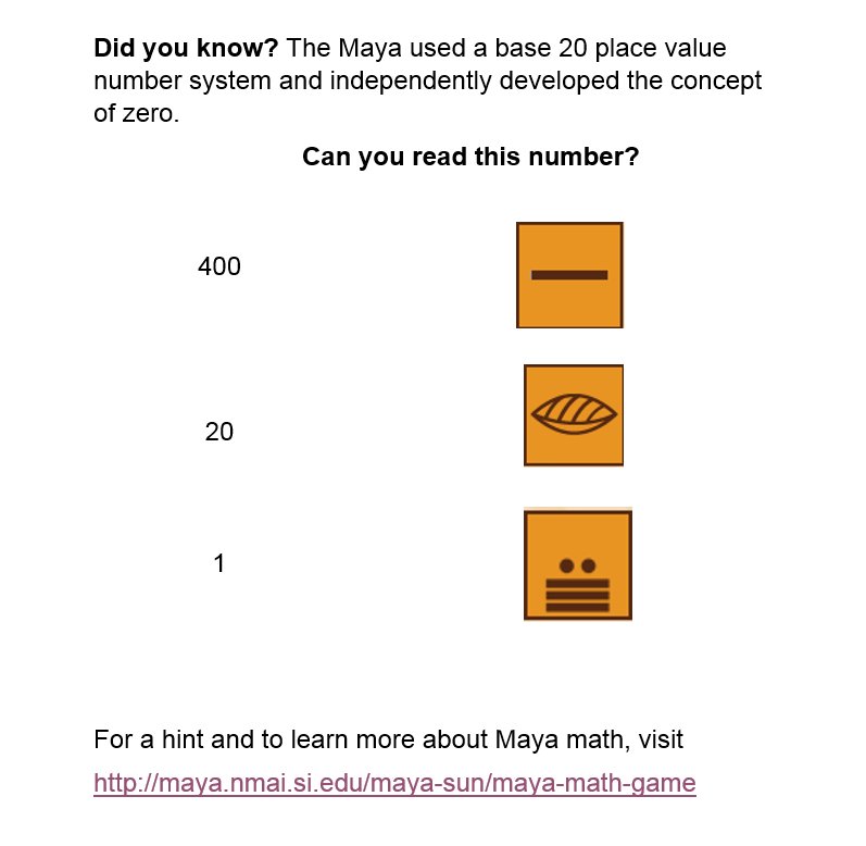 SmithsonianEdu's tweet image. #MathMoment with Maya math: Can you read the number below? Here&apos;s a hint from @SmithsonianNMAI s.si.edu/2p4d3o8 #NTOY17