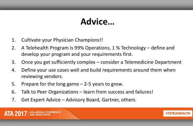 Some great advice from an innovative telehealth program in San Diego #T2Telehealth #ATA2017