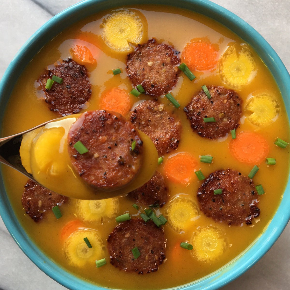 Diving into this #GlutenFree #DairyFree #pumpkinsoup with our sweet Italian #sausage and #rainbowcarrots! #Kosher #JacksGourmet