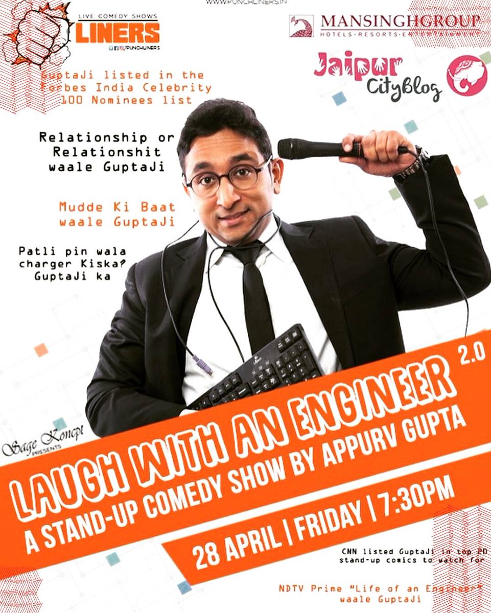 TYWJaipur's tweet photo. Funny Man and also an Engineer, #AppurvGupta is performing live in #Jaipur. Book tickets now on BookMyShow. #punchliners #tywjaipur https://t.co/5HIbA9AWVN