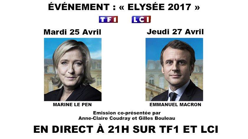 #Evénement @TF1 @LCI #Elysée2017 en direct à 21h .@MLP_officiel demain .@EmmanuelMacron jeudi Présentation @ACCoudray @GillesBouleau