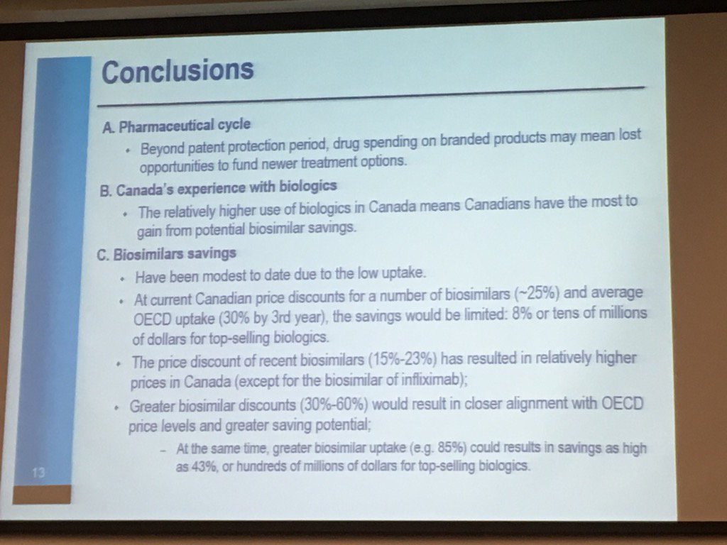 inhilley's tweet photo. #CADTHsymp final slide from NPDUIS on potential savings from Biosimilars for Canada https://t.co/9yVbnuADqz
