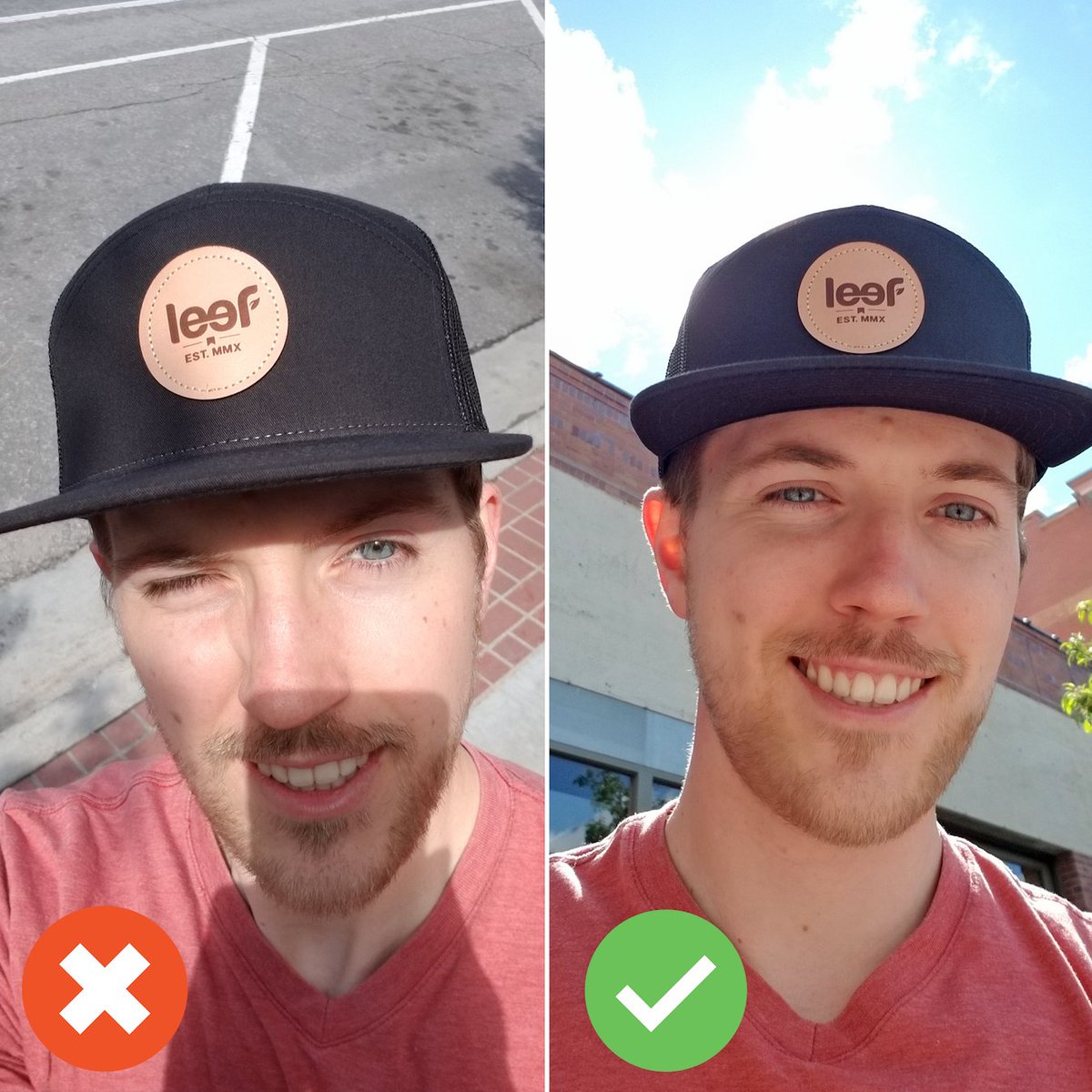 For better outdoor selfies, try putting the sun directly behind you instead of staring in your face #SelfieHelp #beforeafter #GoDoMore #Leef