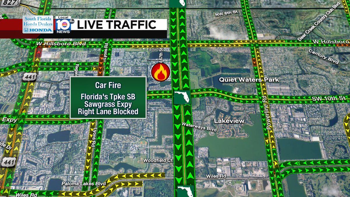 CAR FIRE: Florida's Tpke SB & Sawgrass Expy. A right lane is blocked. #TRAFFIC https://t.co/ZzWtJzMOSP