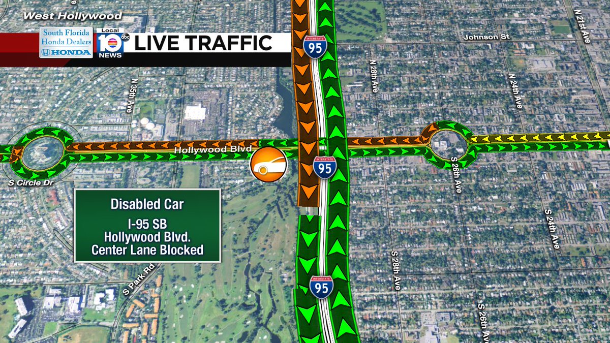 DISABLED CAR: I-95 SB & Hollywood Blvd. A center lane is blocked. Expect delays. #TRAFFIC https://t.co/Rrba1Pe4Kb