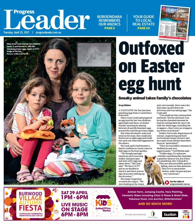 progressleader's tweet image. Here's this week's Progress Leader front page featuring a sneaky fox and some poached Easter eggs.  For more: bit.ly/2pZU7Ic