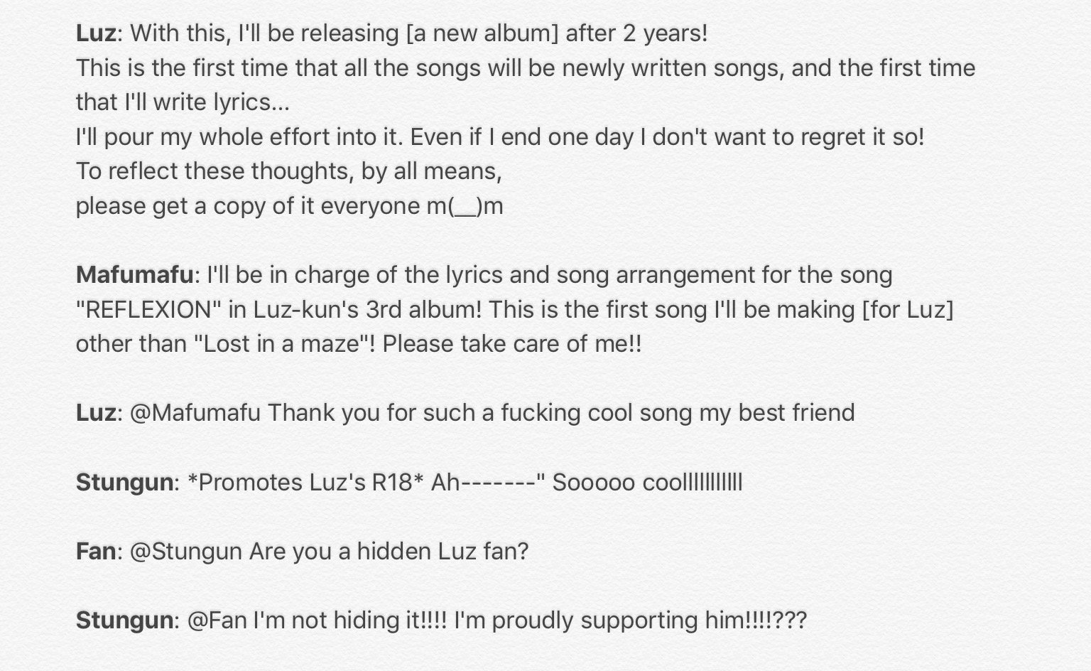 Bria Translation Luz Announced His 3rd Album With New Songs By Mafumafu Kanon69 And Others Tweets Congratulating Him From His Friends T Co Hv2zqkw8id