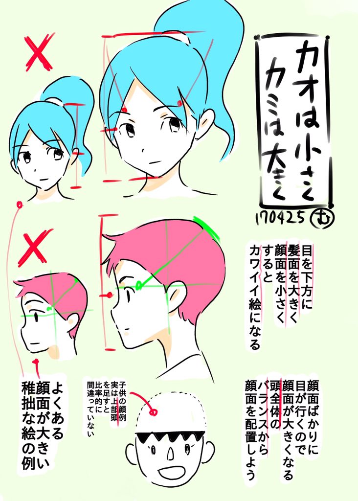 アニメ私塾 在 Twitter 上 顔は小さく 髪は大きく 目は下方に顔面は小さく髪面は大きくすると可愛くなる 顔面が正面 横どちらも大きくなる人は顔面がばかり見て 全体のバランスを見ていないから 後頭部に対しての目に位置を意識してみよう T Co