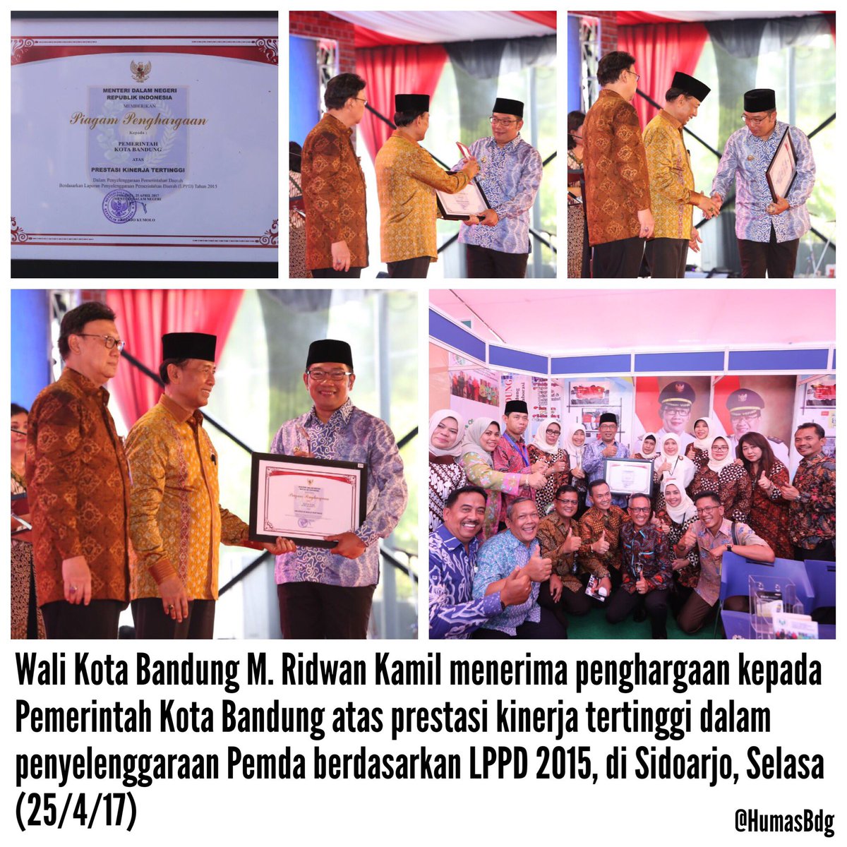 WK Bdg <a href="/ridwankamil/">Ridwan Kamil</a> mnrima pnghrgaan kpd Pemkot Bdg atas prestasi kinerja trtinggi dlm pnylenggraan Pemda brdsrkn LPPD 2015, Selasa (25/4)