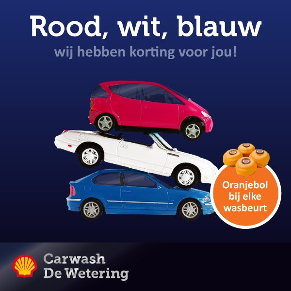ShellDeWetering's tweet image. Heb jij een rode, witte, blauwe of oranje auto? Dan krijg je Het Beste wasprogramma van € 19,50 voor € 12,50! #Koningsdag