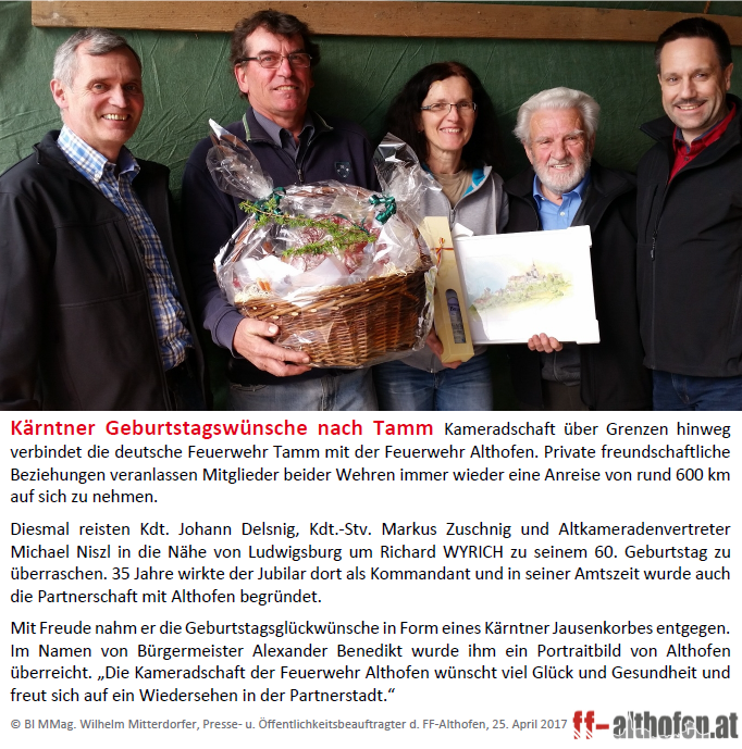 ffalthofen's tweet photo. #feuerwehr #althofen
Kärntner Geburtstagswünsche zum 60er an den ehemaligen Kommandanten Richard Wyrich unserer Partnerfeuerwehr Tamm https://t.co/SNlDmTCdmA