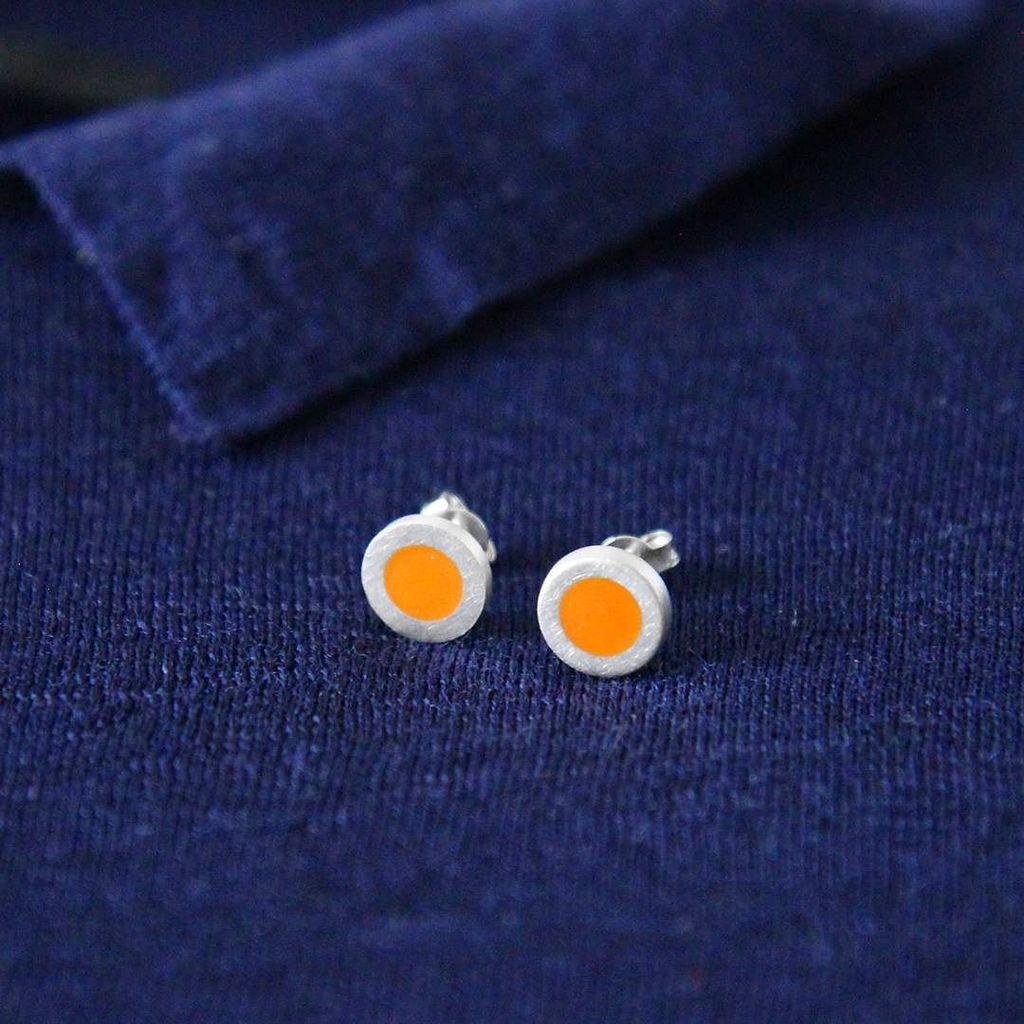 Happy Studs by Mike Dempsey. Solid sterling silver with genuine Pantone orange resin enamel. Also available in red… ift.tt/2pfZ6nh