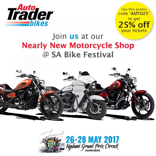 AutoTraderSA's tweet photo. Always wanted to own ur own bike? Come on over 2 our #NearlyNewShop @SA_Bike_Fest book a test drive & u can be well on ur way 2 owning one https://t.co/xZI1N1BIzK