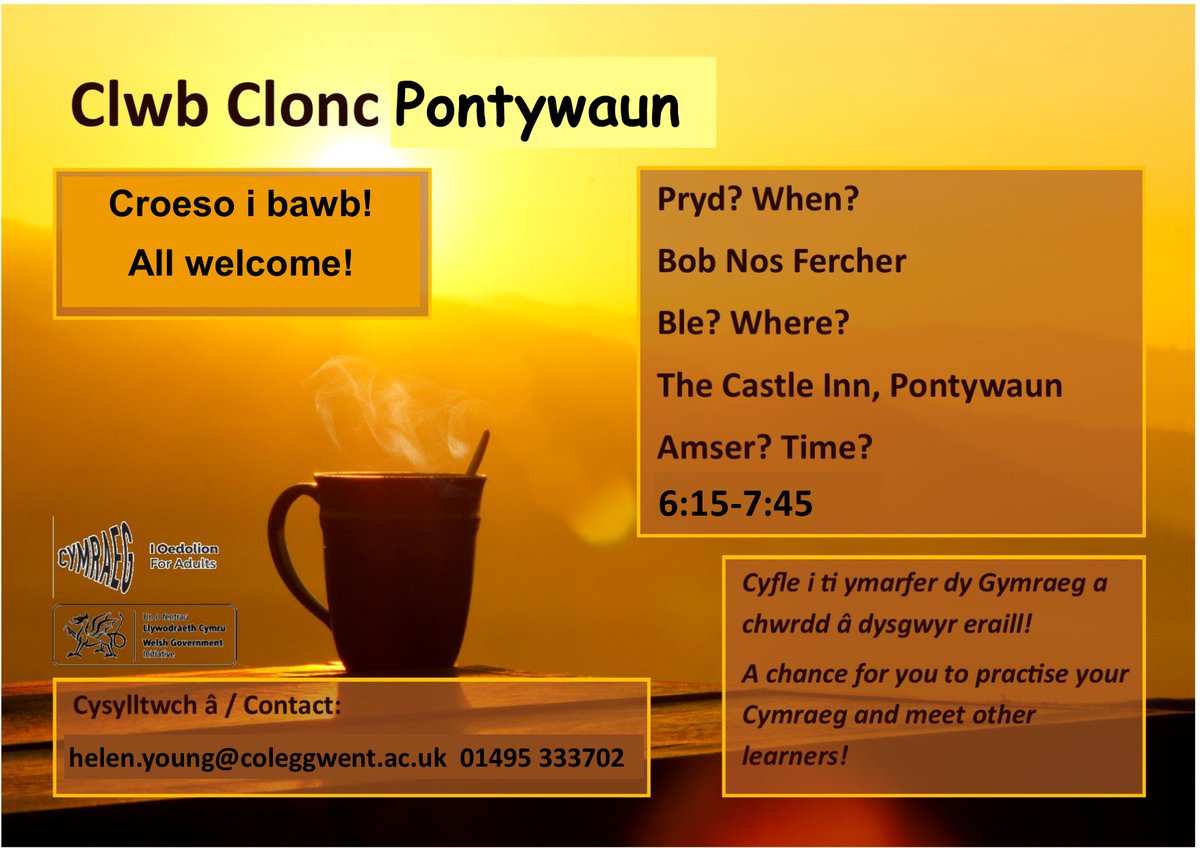 Nos yfory ym Mhonytwaun. Ewch draw i ymarfer eich Cymraeg. Peint/gwin/coffi + siarad Cymraeg = :) 
<a href="/learncymraegGWE/">Learn Welsh Gwent</a> <a href="/mentercaerffili/">Menter Caerffili</a>
