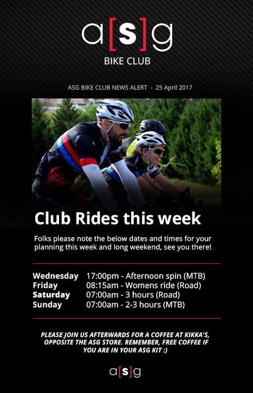 If you are in and around Paarl there is a women's only road ride (and coffee after) this Friday at 8:15am from the @asgthestore.