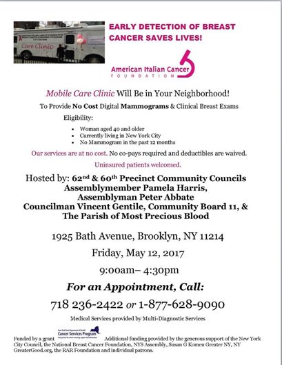 Proud to sponsor no-cost Mammograms! Check out the flyer and call for an appointment. The last day to register is April 28th!