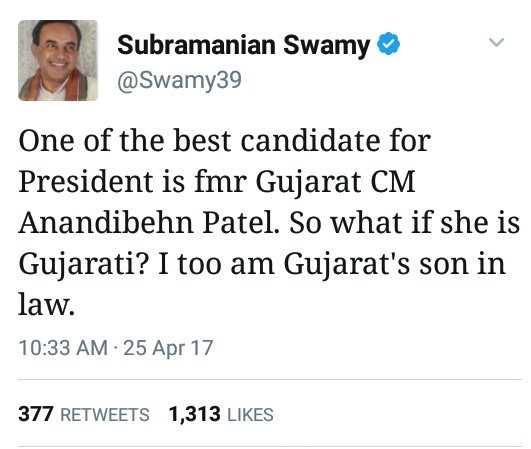 Swamy pitches for Anandiben as Vice President