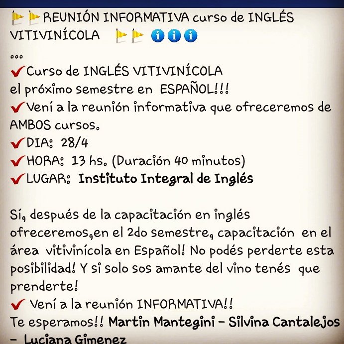 silcantalejos's tweet photo. Reunión informativa TODO PUBLICO. CURSO #INGLÉS #VITIVINÍCOLA #VALLEDEUCO.En @InstiDeINGLES  Alem 846 #TUNUYAN @Lugimenez18 @martinmantegini https://t.co/dtUwBFKbYX