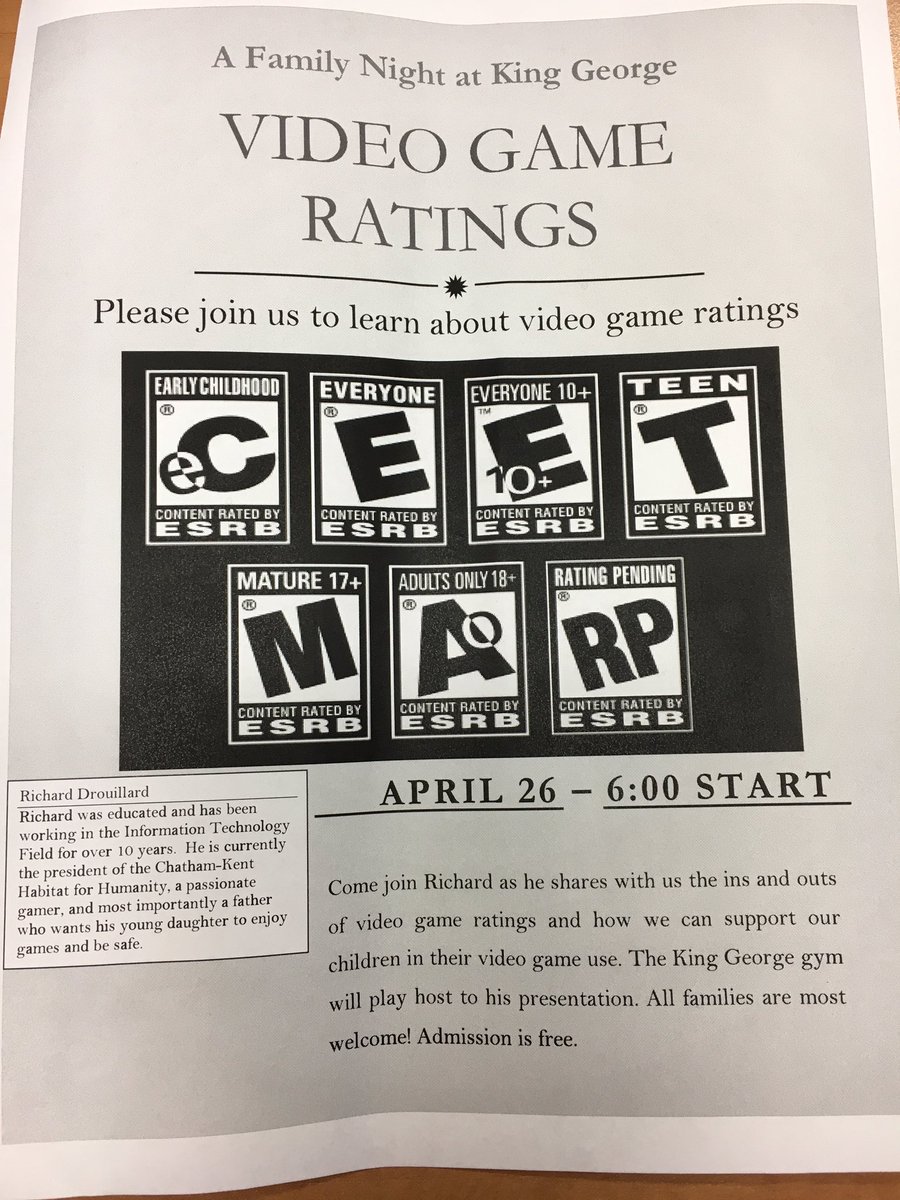 Don't forget about our family presentation about video games tomorrow (Wed.) beginning at 6:00. All King George families are most welcome.
