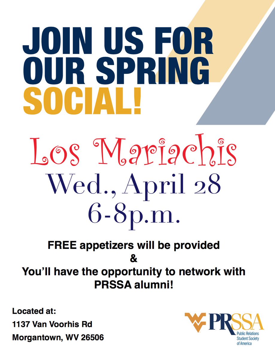 wvuprssa's tweet photo. Don't forget about our Spring Social tomorrow night at Los Mariachis! You'll be able to network with alum! 🌮🥙 https://t.co/hCPfRQzQHT