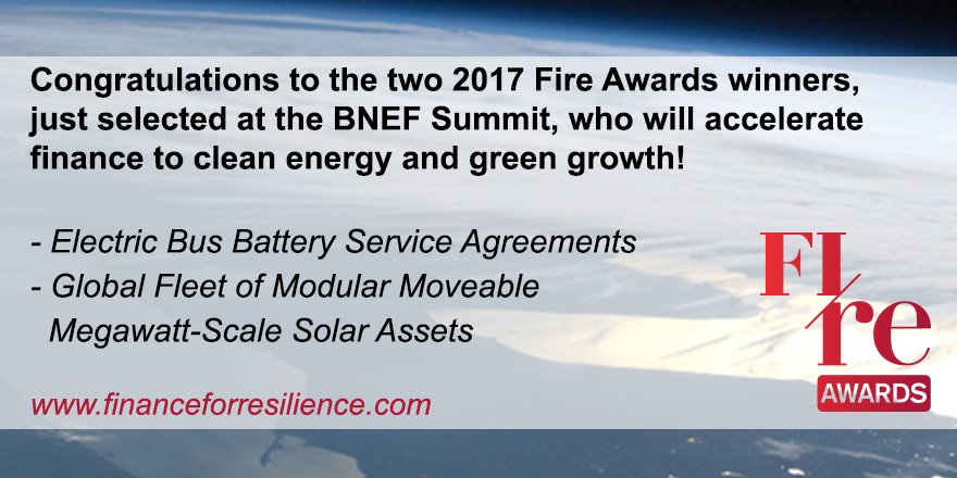 climatefinlab's tweet photo. Congrats to all 4 2017 Fire finalists! The 2 winners selected at #BNEFSummit are SunSHIFT @willr_s and @Proterra_Inc https://t.co/P8gX1jVH6t https://t.co/Es64vOd9cE