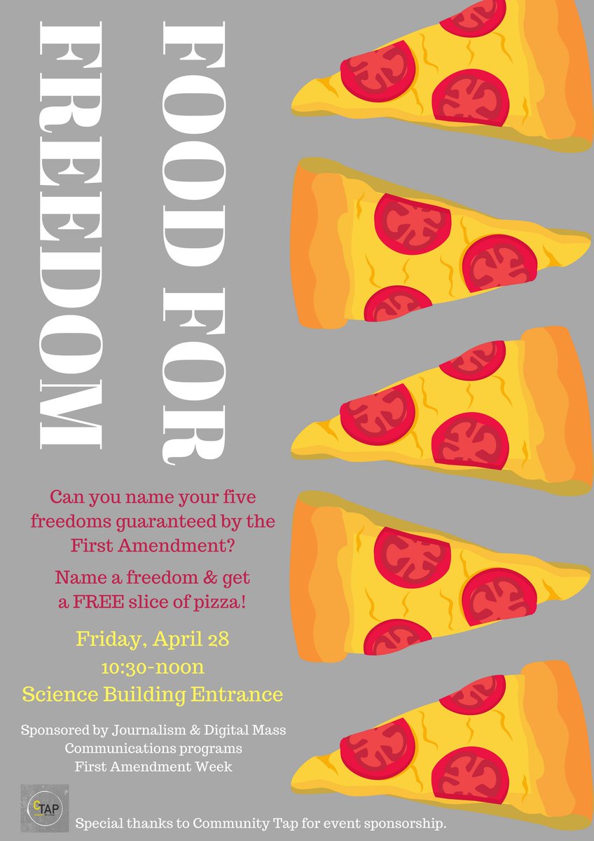 IC_MassComm's tweet photo. Which do you value more? Your First Amendment rights or free pizza? Name a freedom and win a slice. Join us Friday in the Science building. https://t.co/vs3XQVnG4B