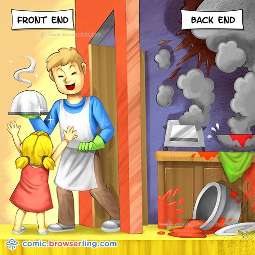 browserling's tweet image. Front End vs Back End. comic.browserling.com/83