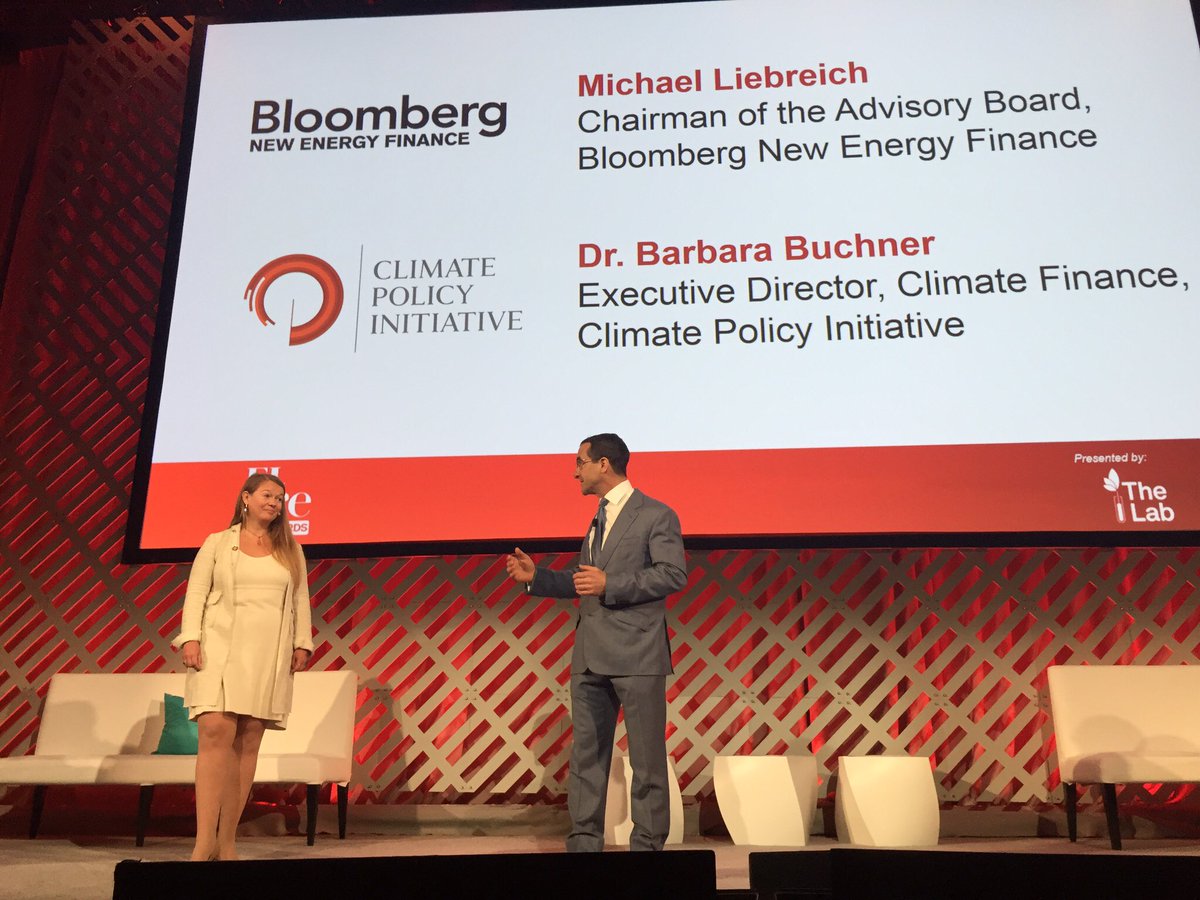 climatefinlab's tweet photo. .@MLiebreich and @climatepolicy's @bbuchner13 kicking off the Fire Awards at #bnefsummit now. Join in the Plenary to vote for the winners. https://t.co/oaUQv3CZoK