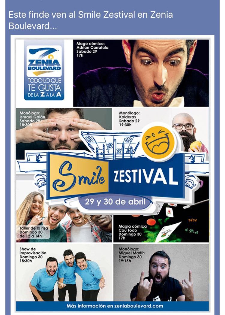 Este puente no dejarás de reir en el #SmileFESTIVAL de la <a href="/ZeniaCC/">Zenia Boulevard</a> con las actuaciones de <a href="/Ismael_Galan/">Ismael Galán Cómico</a> <a href="/Kalderas_/">ＫＡＬＤＥＲＡＳ</a> y <a href="/miguelmartinpui/">Miguel Martin</a>