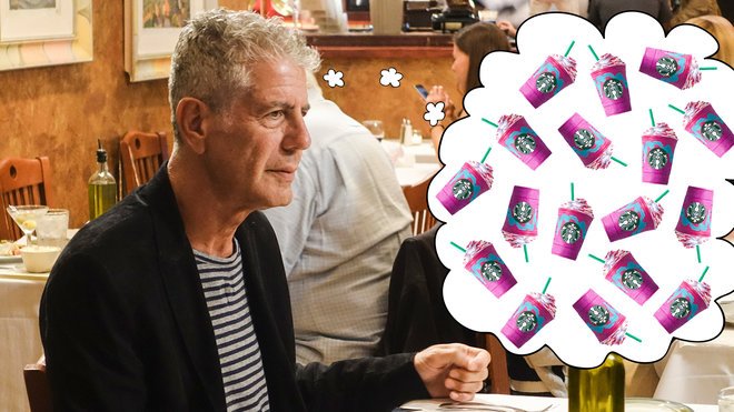foodandwine's tweet photo. Anthony Bourdain says the Unicorn Frappuccino is the "perfect nexus of awfulness." 😂  https://t.co/mkHMwRSAh4 https://t.co/0aweRIi789