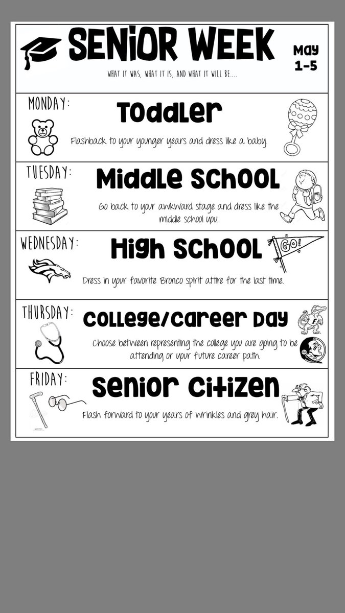 PBCClassof2017's tweet photo. SENIOR WEEK IS NEXT WEEK!! here are the dress up days, we expect to see every one of you dressed up for our last dress up week! https://t.co/nLywKaY5VI