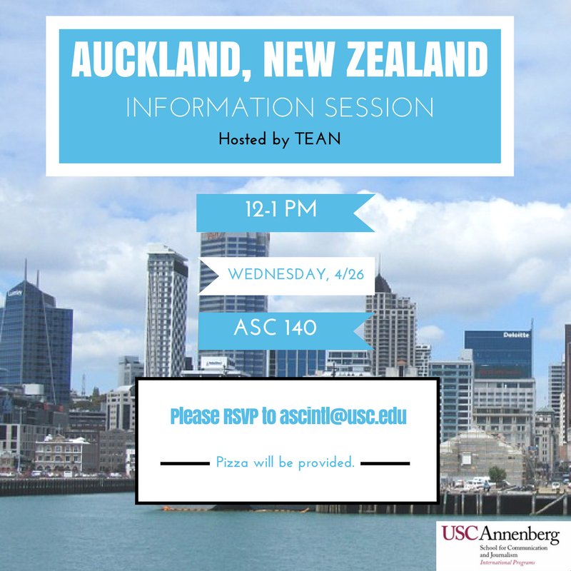 ascjIntl's tweet photo. Don't miss out on FREE PIZZA tomorrow at our Auckland,NZ info session. @ASCJEvents @ascjadv @USC @USCAnnenberg #annenbergabroad #ascj https://t.co/b3zH3CEuHR