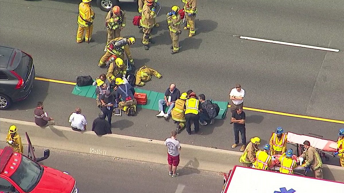 ABC7's tweet photo. PHOTOS: Crews respond to fiery multi-vehicle crash on 5 Freeway https://t.co/wUBuFzPK7g https://t.co/qI64BdmU2O