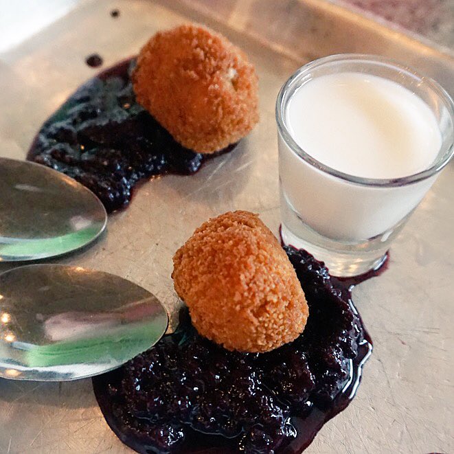 salty_grounds's tweet photo. PB &amp; J Bon Bons: fried peanut butter w/ jam and a milk shooter. An adult #peanutbutterjellytime from @tuckerdukesdfb #foodie #foodblogger https://t.co/hQ5kc3UgWJ