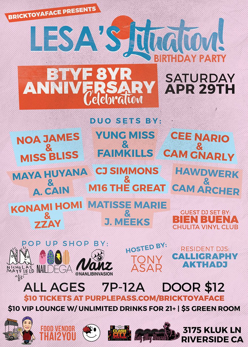 BrickToYaFace's tweet photo. SAT! BTYF 8yr Anniv. w/ @M16thegreat @Hawdwerk @CamArcher @KonamiHomi @YeahYeahYazzzzz @marie_Matisse #JMeeks +more | all ages | 7p-12a https://t.co/dsZYkbAiRZ