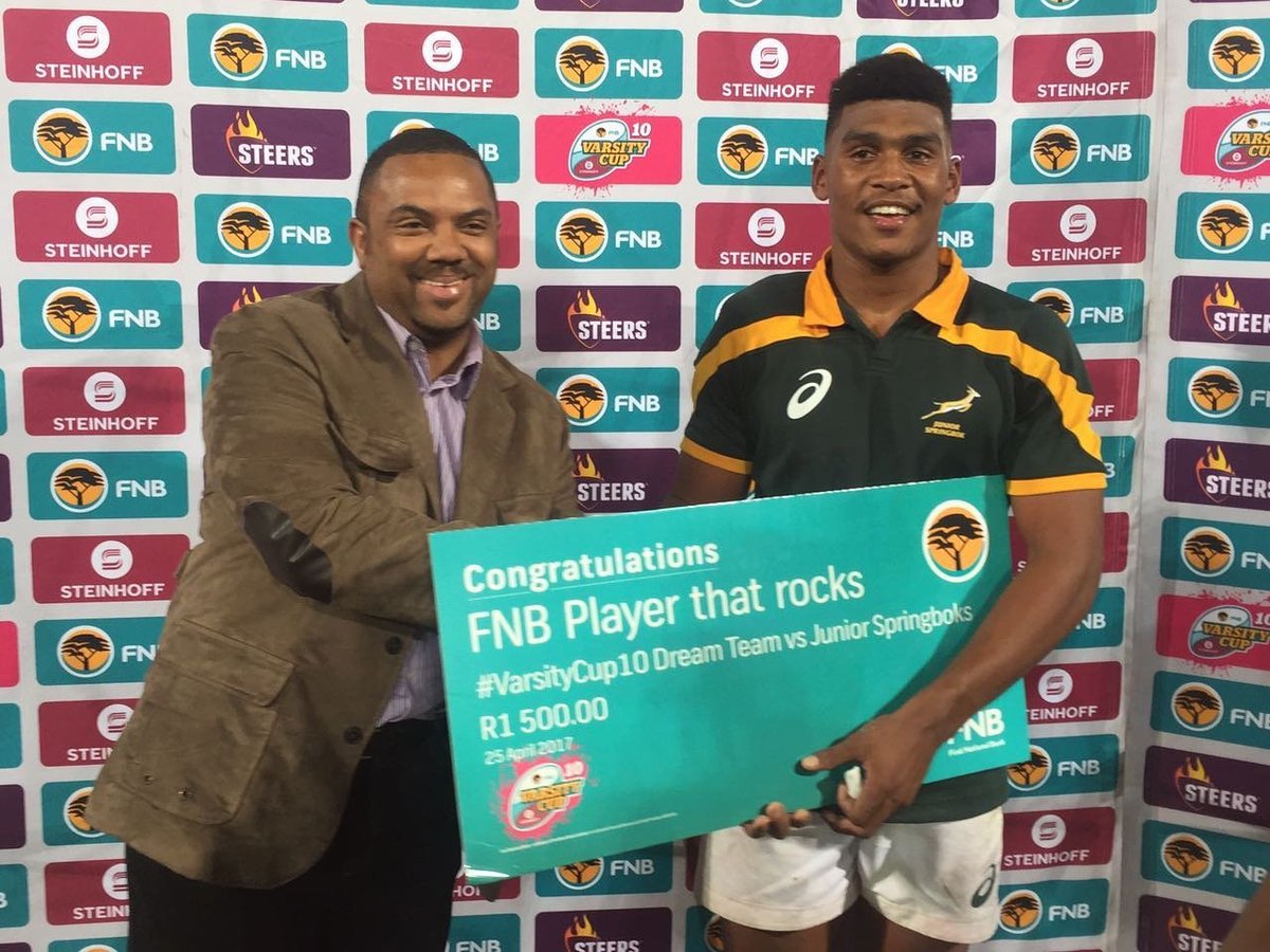 varsitycup's tweet photo. Congrats to @JuniorBoks flyhalf Damian Willemse who picks up the @FNBSA #PlayerThatRocks award. #VarsityCup10 https://t.co/vvn8CkCHf1