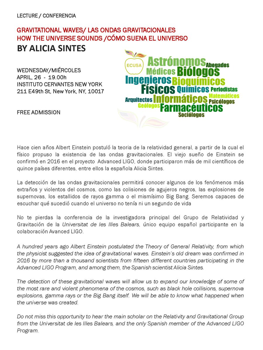 comunidadECUSA's tweet photo. Y una onda gravitacional que es? Ven mañana al @InstCervantes con #ECUSANY a escuchar a #AliciaSintes y lo sabrás! @FundacionAreces https://t.co/7s3UDii3Gh