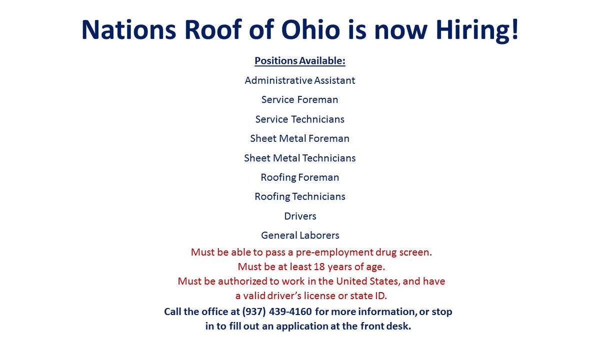 NationsRoofOhio's tweet photo. Nations Roof is hiring! https://t.co/Zyum8RkVcY
