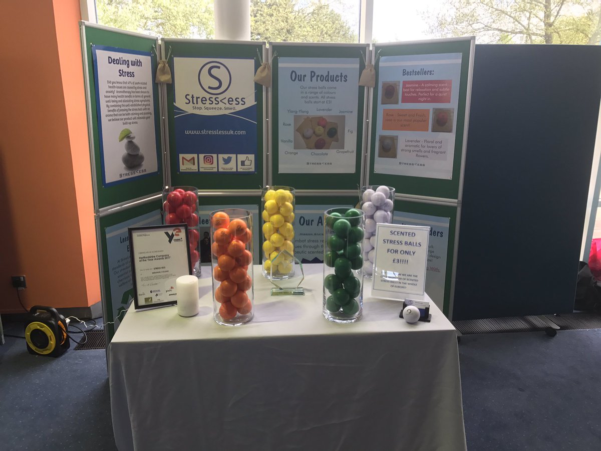 StressLessUk's tweet photo. How does our trade stand look? We are here at the University of Hertfordshire for the next round of the YE competition. #WishUsLuck! https://t.co/TU0bSsZn4H
