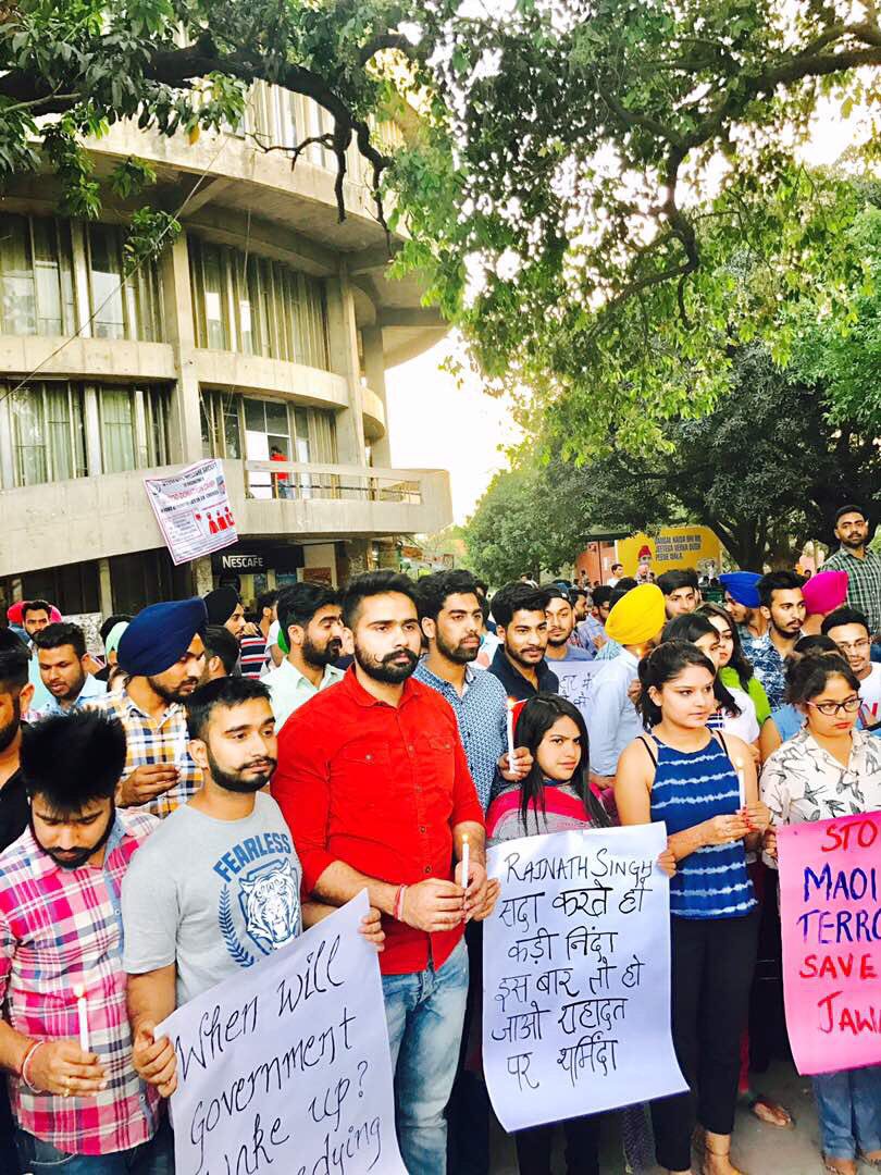 LubanaManoj's tweet photo. @NsuiPU candlelightmarch offering condolences to 35 CRPF men.@nsui highlighted da lack luster approach of C. Govt 2 fight Naxalite terrorism https://t.co/t1AnhmjMhj