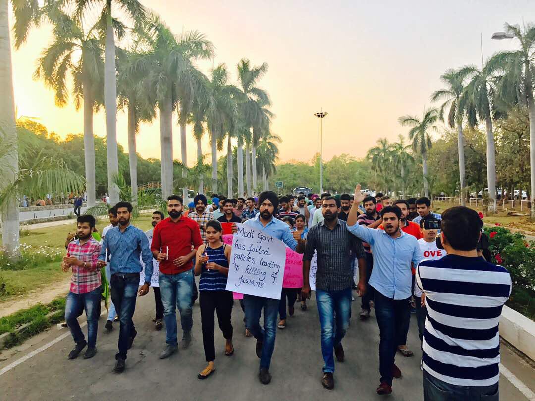 LubanaManoj's tweet photo. @NsuiPU candlelightmarch offering condolences to 35 CRPF men.@nsui highlighted da lack luster approach of C. Govt 2 fight Naxalite terrorism https://t.co/t1AnhmjMhj