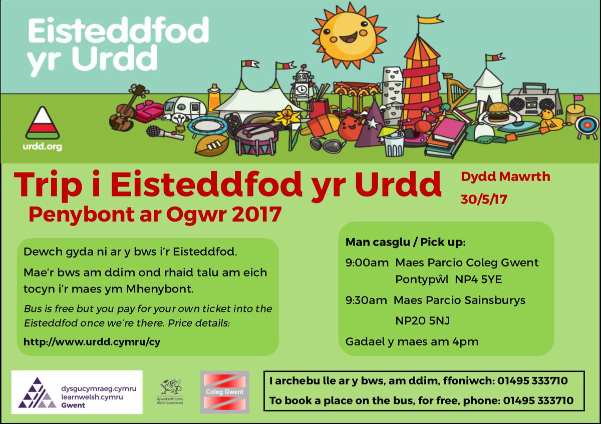 Ymunwch â ni - Trip i <a href="/EistUrdd2017/">Eisteddfod Urdd 2017</a> Bws am ddim! @coleggwentcym <a href="/ysgolbroallta/">Ysgol Gymraeg Bro Allta</a> <a href="/penalltau/">Ysgol Penalltau</a> <a href="/cwmgwyddon/">Ysgol Cwm Gwyddon</a> <a href="/YstradMynachLib/">Ystrad Mynach Lib</a> <a href="/CaerphillyLib/">Llyfrgell Caerffili 📚 Caerphilly Library</a>
