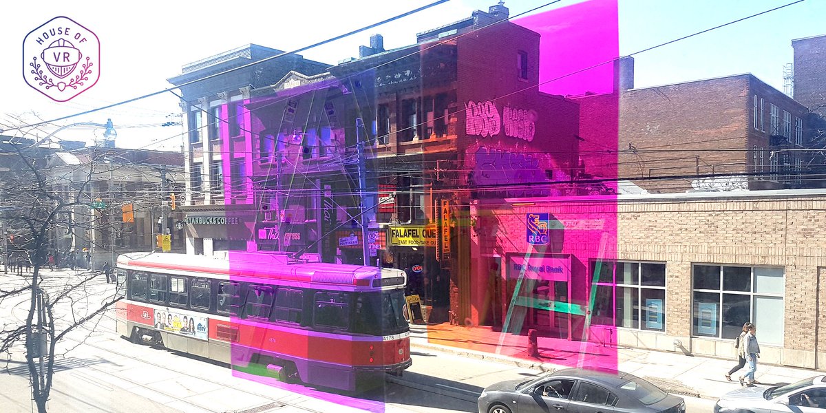 _houseofvr's tweet photo. Making our mark on #QueenWest: Time to choose which colourful dichroic film to use on our second floor windows #virtualrealityart #torontovr https://t.co/ZpDhxjiO91