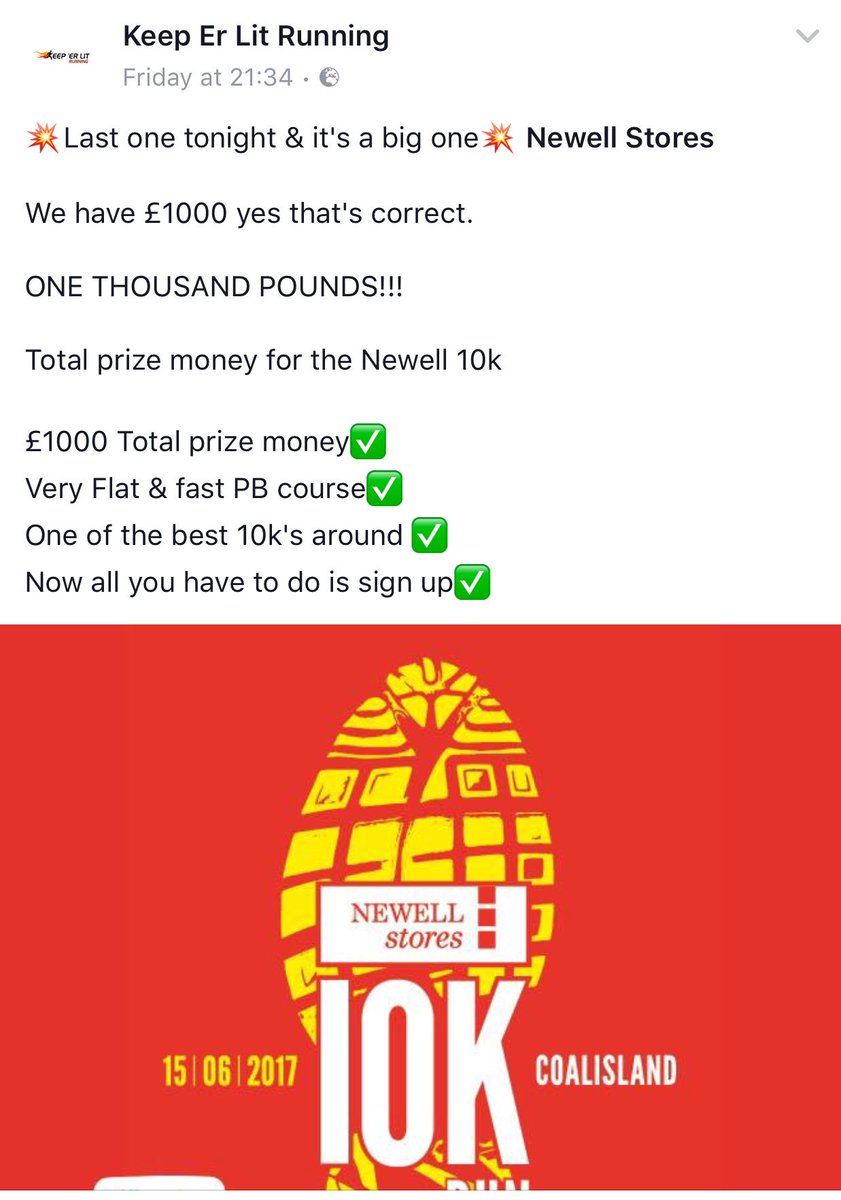 Hi Guys can u give my friend a RT who r organising superfast 10k for Marie Curie. Big prize money sponsored by Newell Stores