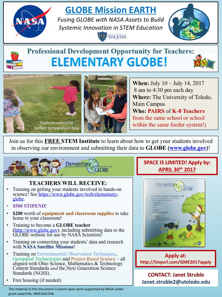 globemissionear's tweet photo. We are looking for K-8 teachers for our Elementary GLOBE PD this summer - July 10-14 at University of Toledo https://t.co/h2Qxuh5kxA