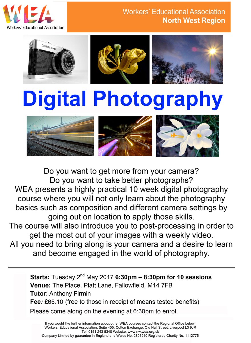 WEAPhotography's tweet photo. On means tested benefits? #free #photography #course #Manchester #Fallowfield starts 2/5/17 6:30pm #photo #camera #learning https://t.co/7EjgFgvTeC
