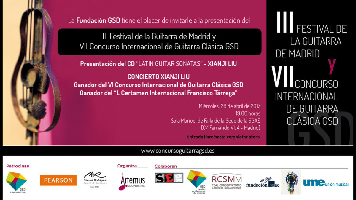 GuitarGSD's tweet photo. Presentación del III Festival de la Guitarra de Madrid, Concurso Int. de Guitarra Clásica GSD y del CD de Xianji Liu "Latin Guitar Sonaras" https://t.co/jLqscW2lXB