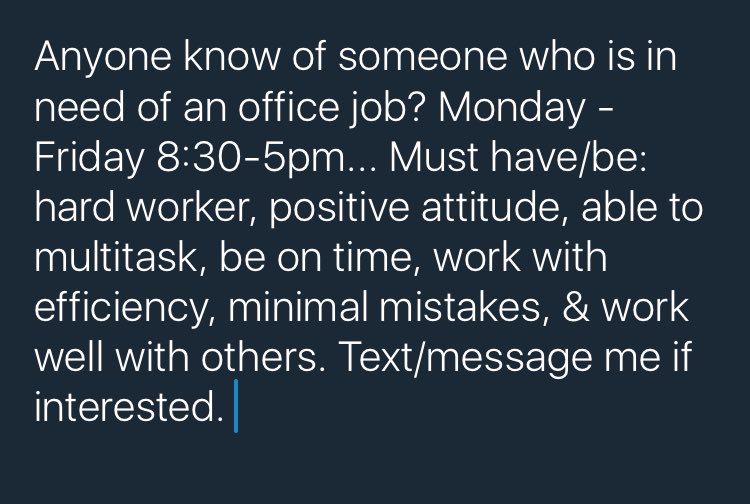 brlong's tweet photo. Anyone know of someone who is in need of an office job? Some requirements listed below. https://t.co/GuEJdK1cFW