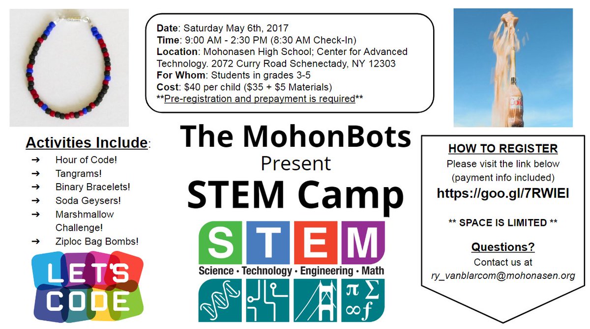 4107Mohonbots's tweet photo. On May 6th we will be hosting our annual STEM Camp at our new technology building. Below is a link where you can sign up, Thanks! https://t.co/rFw5tpA6gM