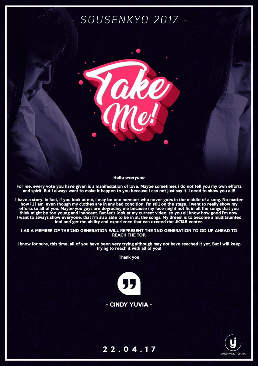 Speech <a href="/Cindvia_JKT48/">kbts</a> 
Sousenkyo 2017 
22.04.2017 

Indonesia, English, and Japanese 

#TakeMe
#WonderfulJourney